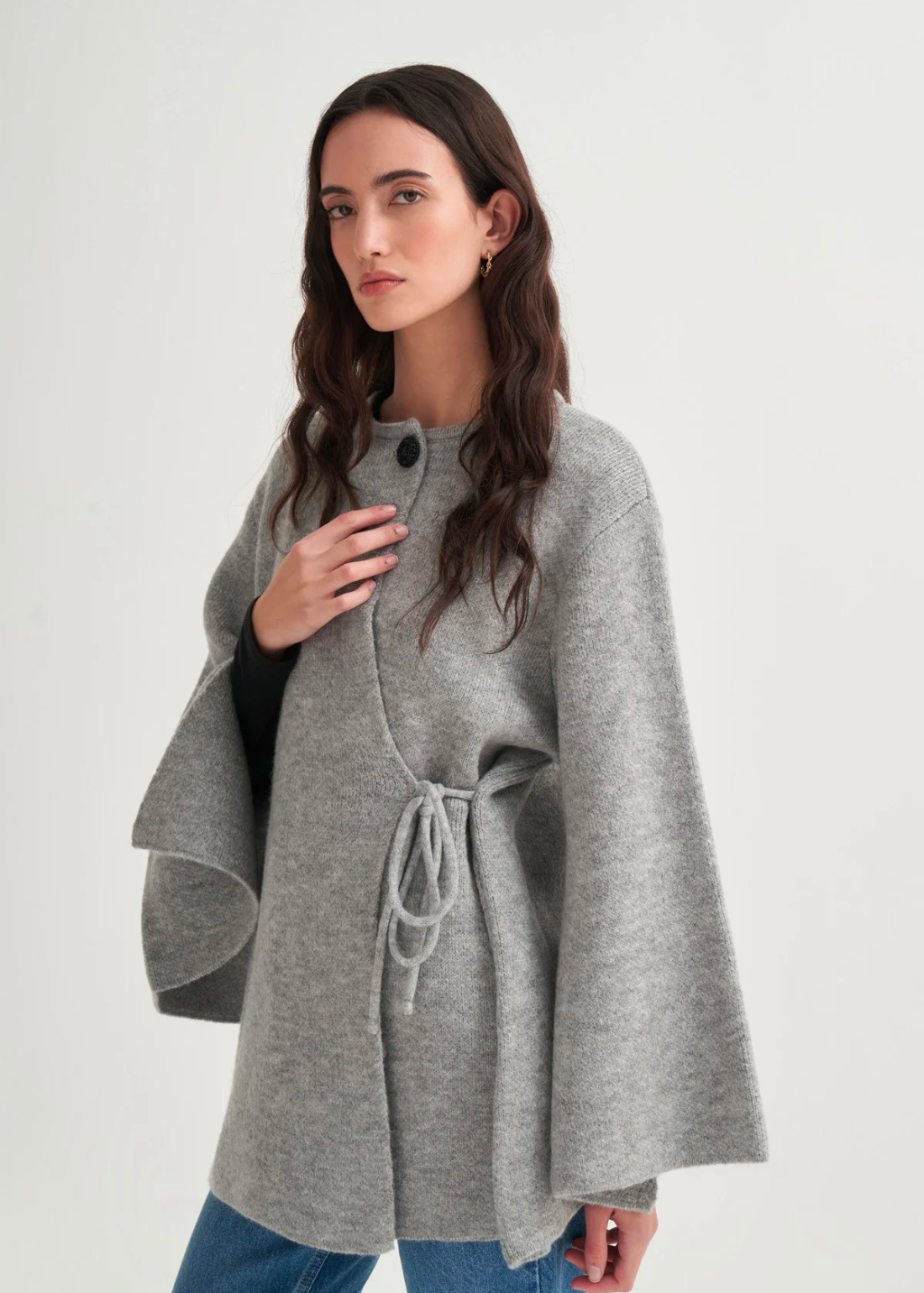 Knit Cardigan with Lace-Up Detail Grey
