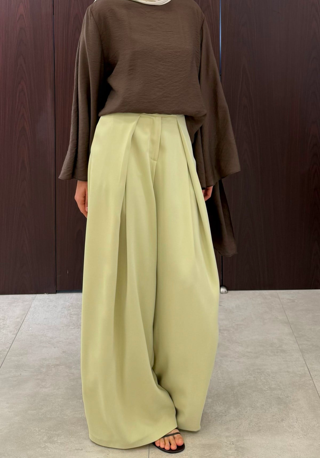 Lena Ruffled Wide Leg Trousers Soft Green