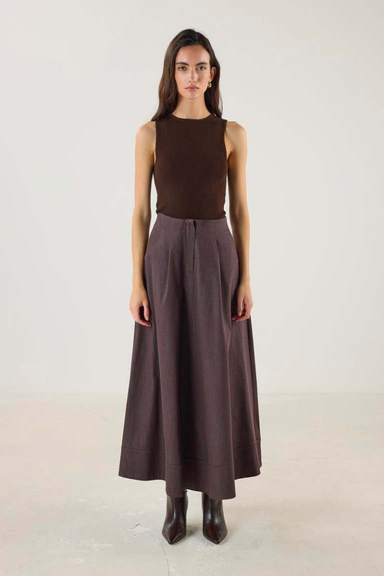 Denim Skirt with Flared Hem and Panel Detailing - Brown