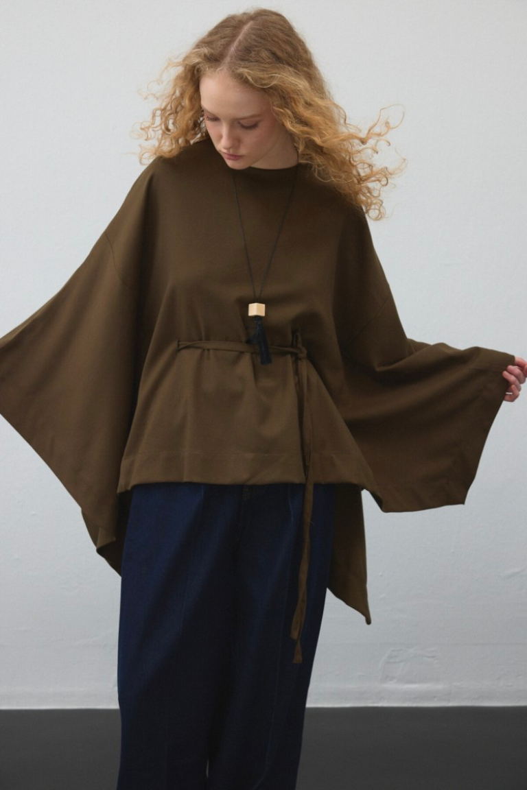 Khaki Belted Cape Blouse