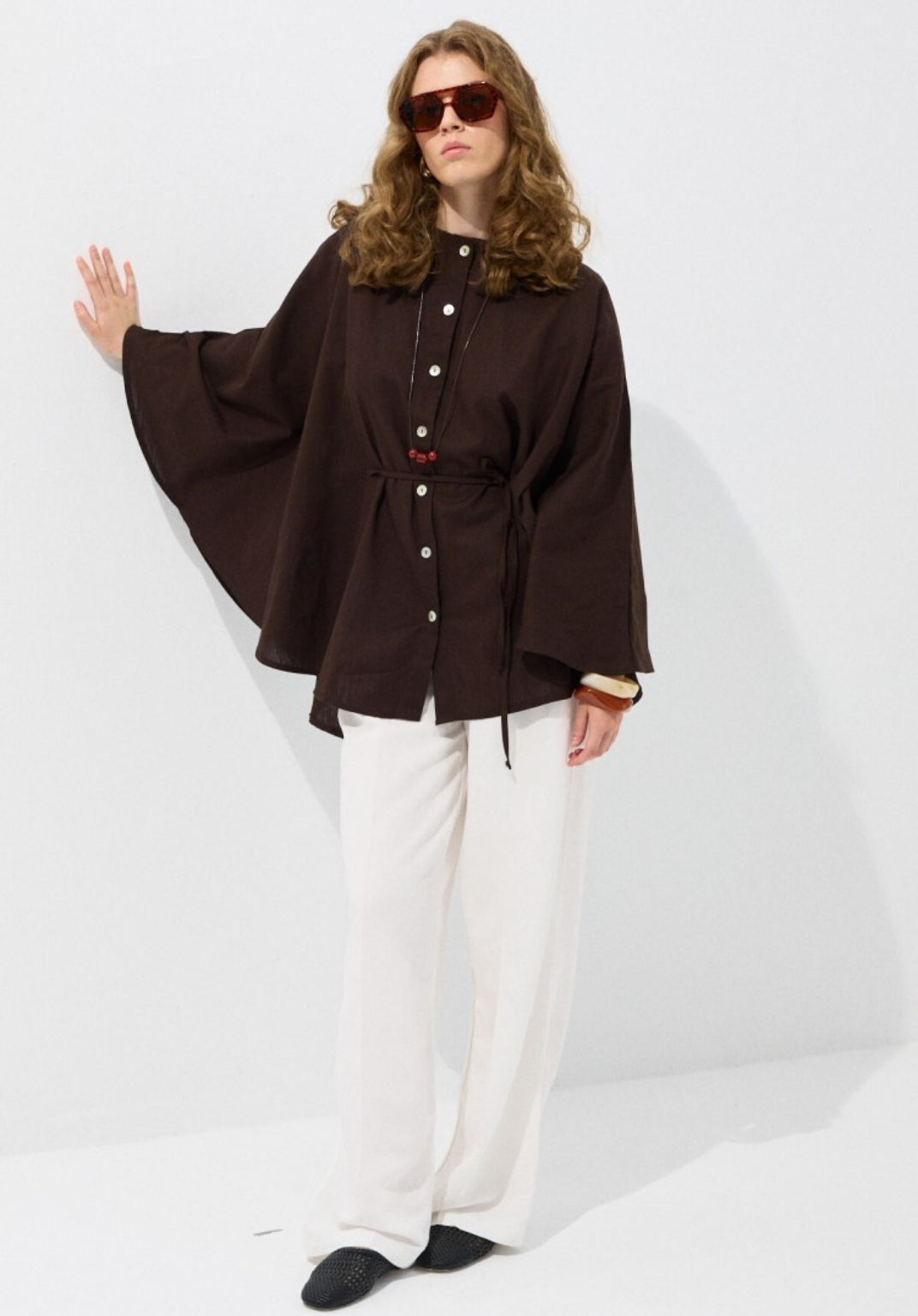 Brown Draped Cape-Style Oversized Shirt