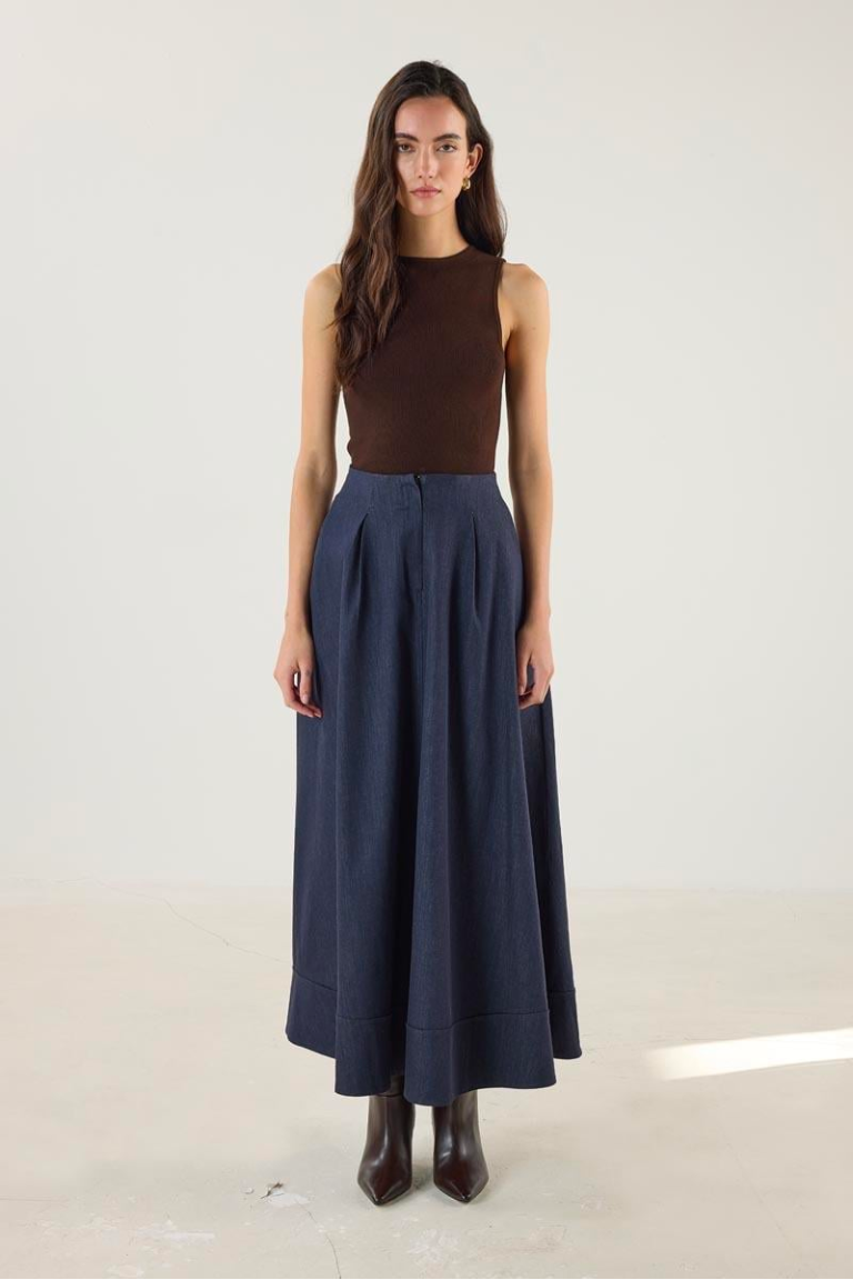 Denim Skirt with Flared Hem and Panel Detailing - Navy