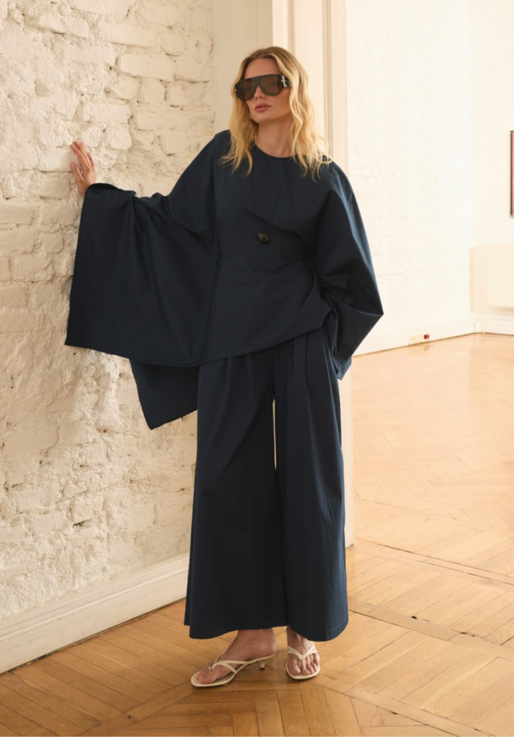 Navy Asymmetric Poplin Blouse with Adjustable Waist