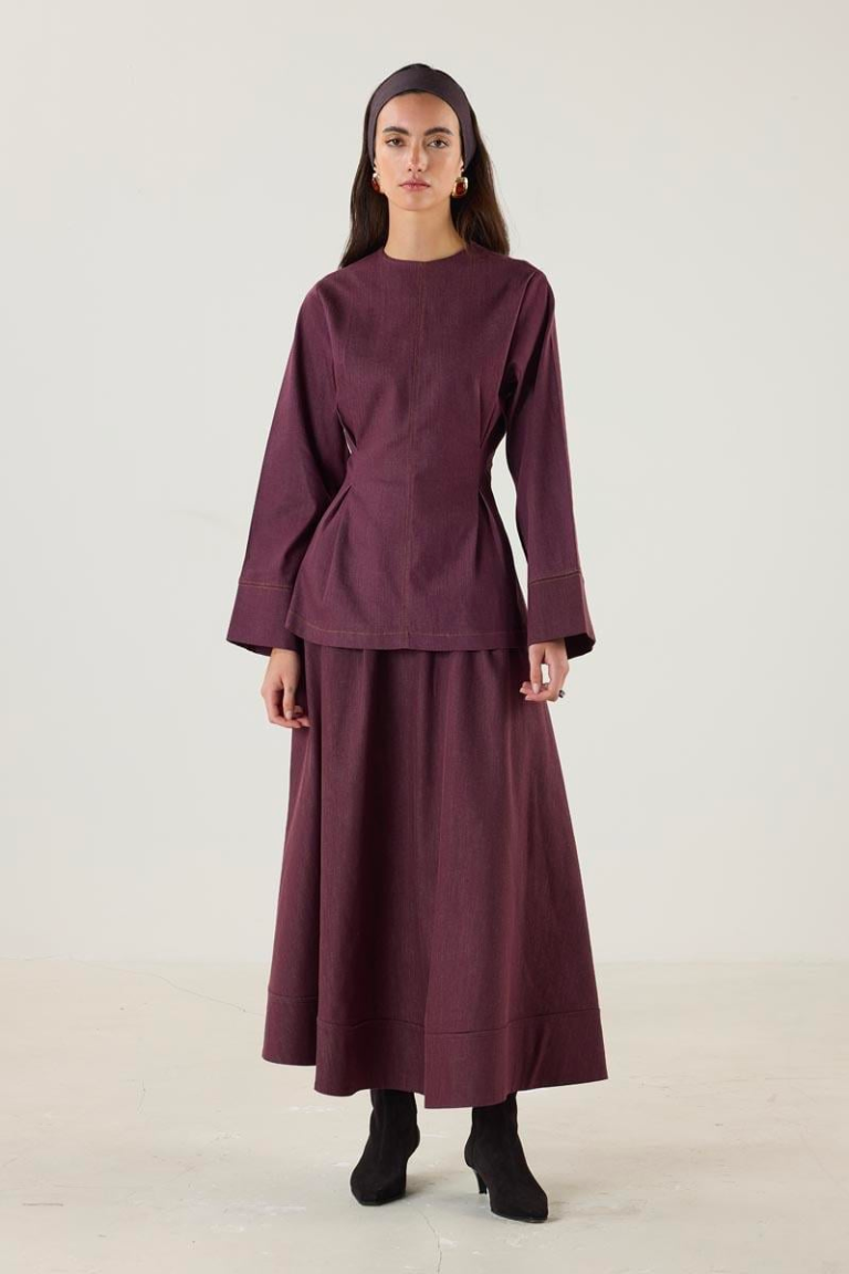 Crew Neck Pleated Denim Blouse – Burgundy