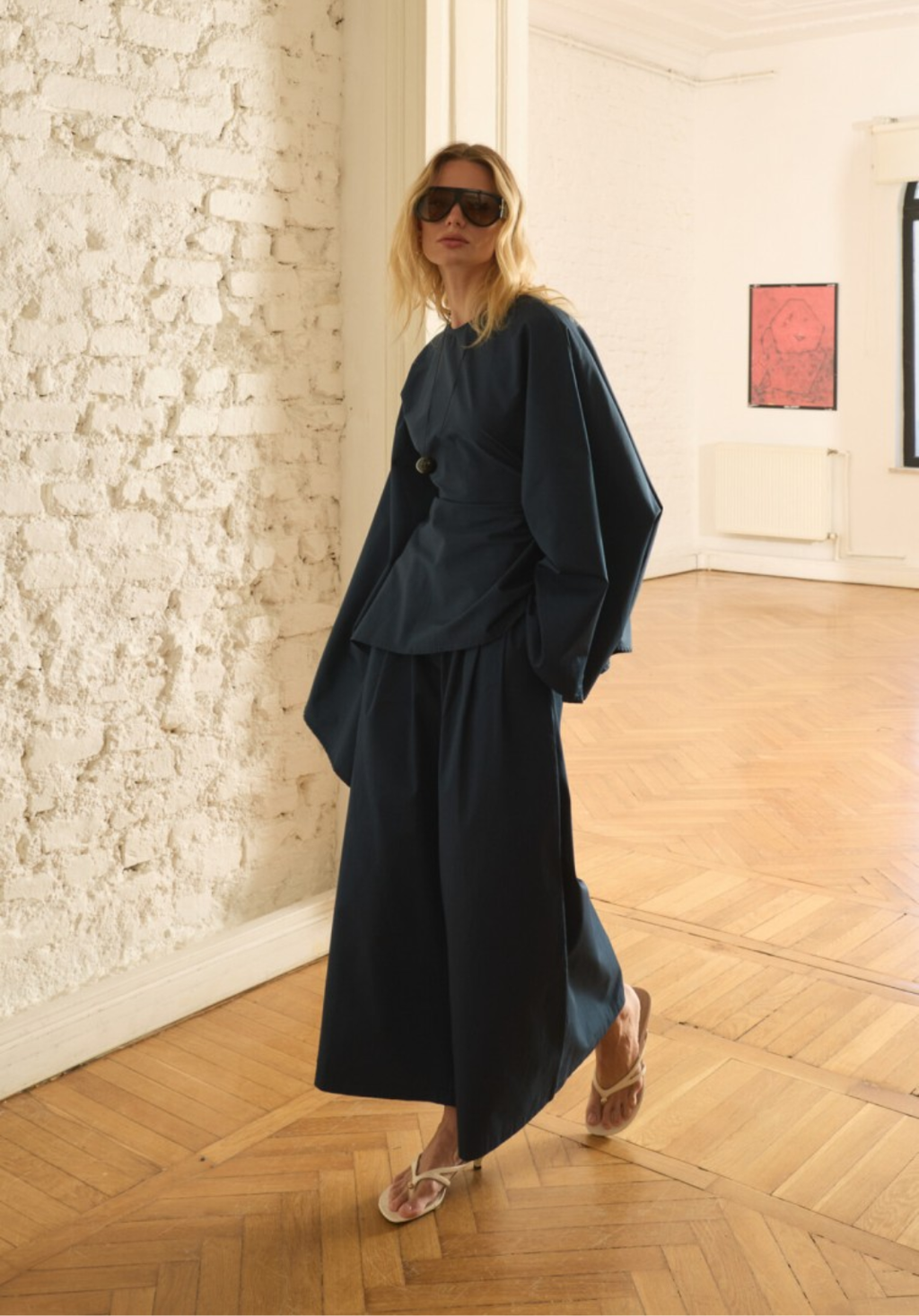 Navy Front-Pleated Culotte Trousers