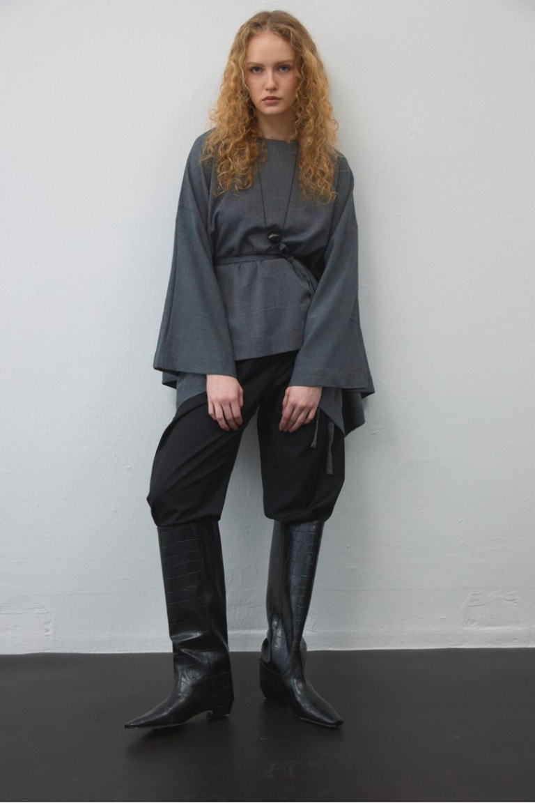 Grey Belted Cape Blouse