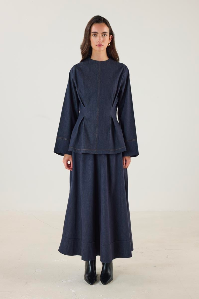 Crew Neck Pleated Denim Blouse – Navy
