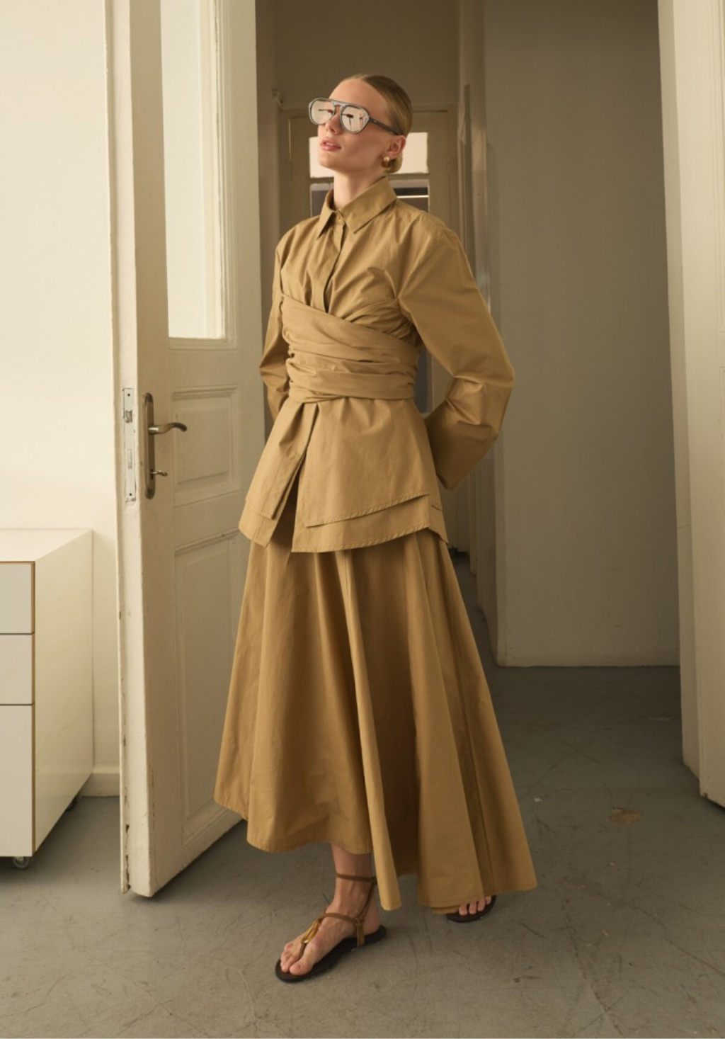 Camel Panelled Poplin Skirt