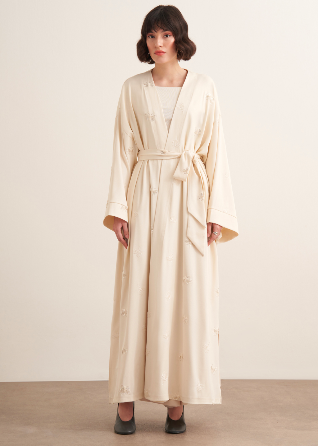 Beaded Maxi Kimono Abaya Ecru