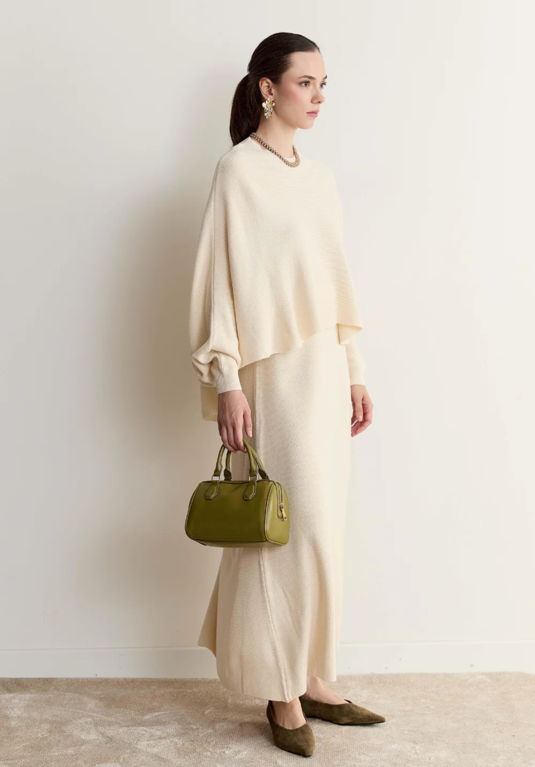 Snow Batwing Sleeve Knit Skirt Set – Ecru