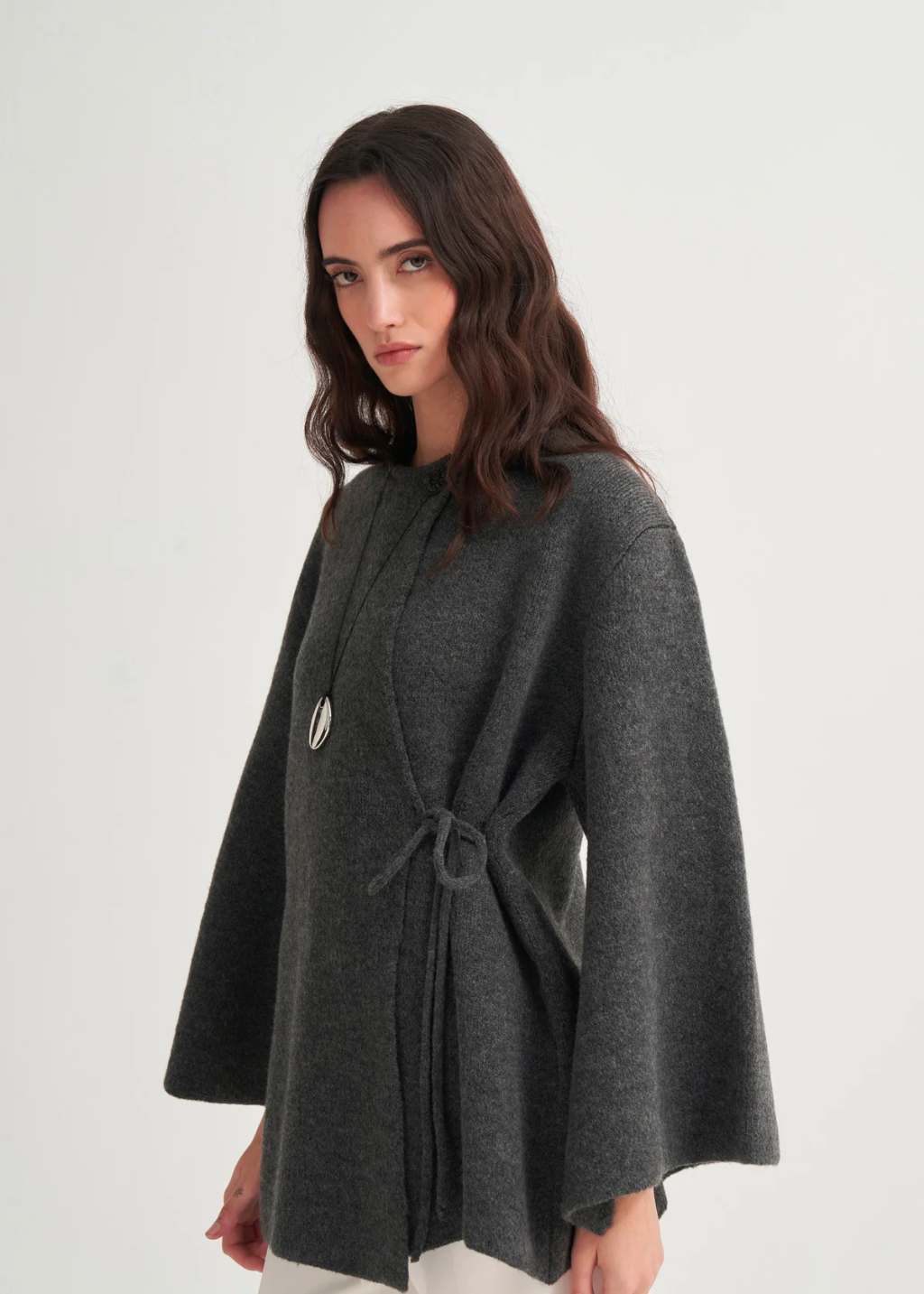 Knit Cardigan with Lace-Up Detail Anthracite