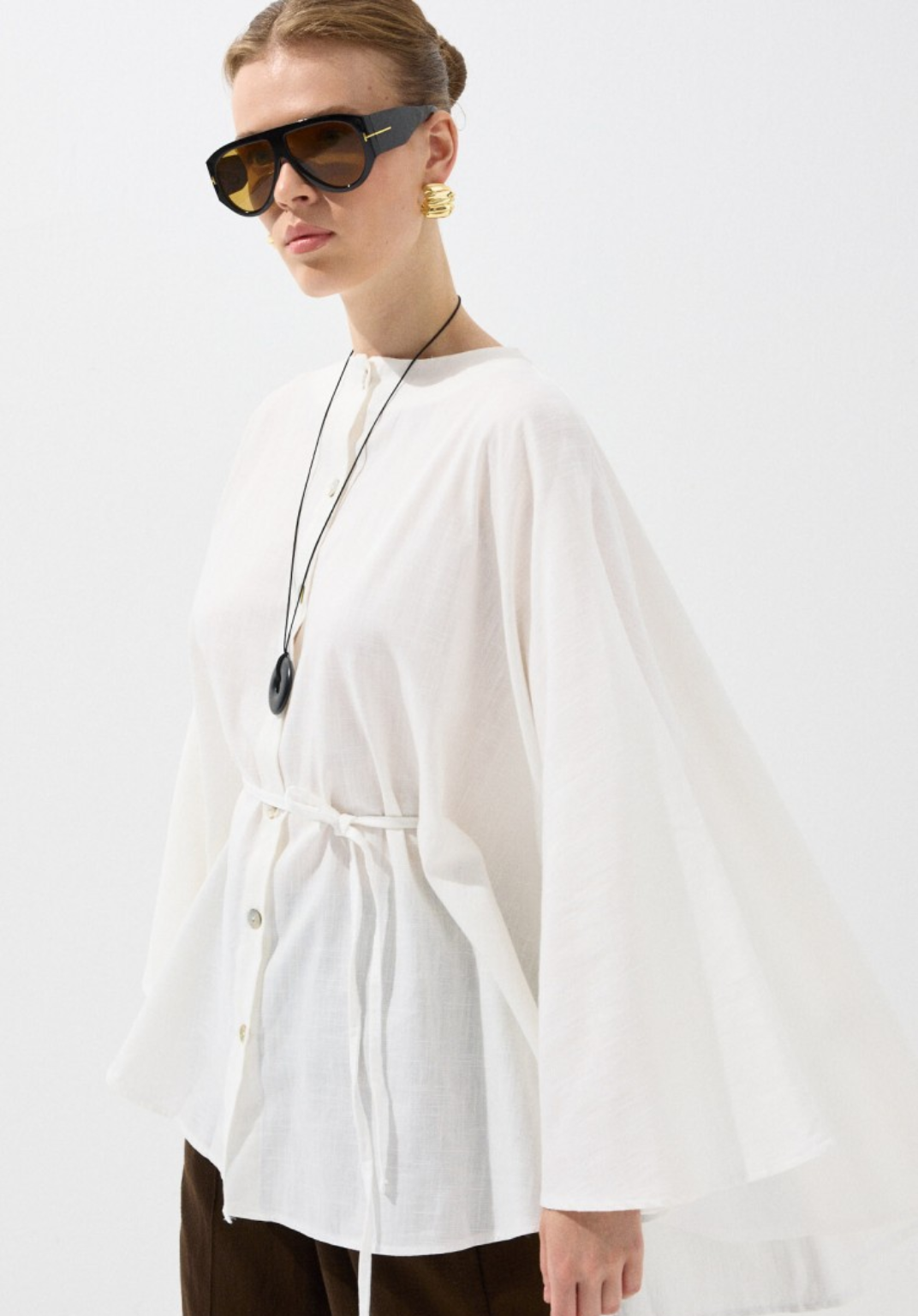 Ecru Draped Cape-Style Oversized Shirt