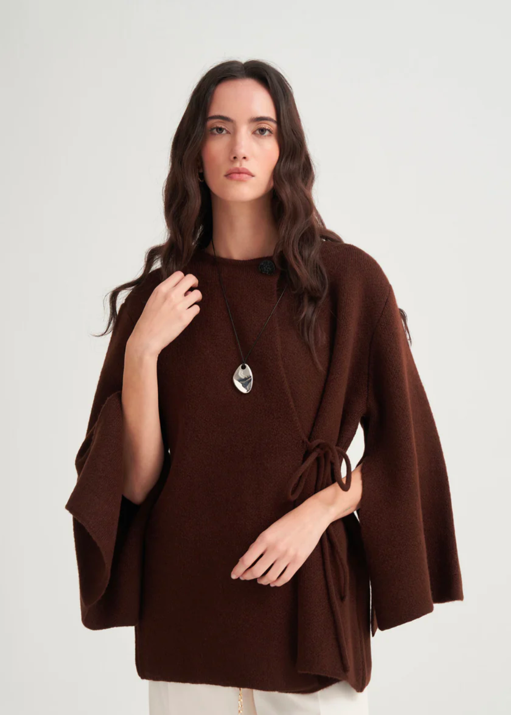 Knit Cardigan with Lace-Up Detail Brown
