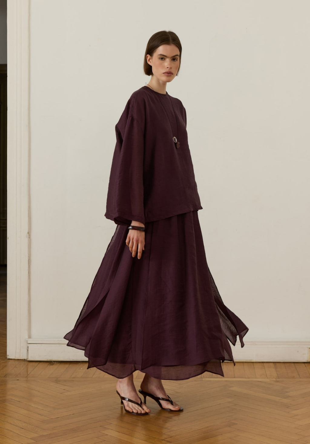Galia Asymmetric Panel Skirt Set Plum