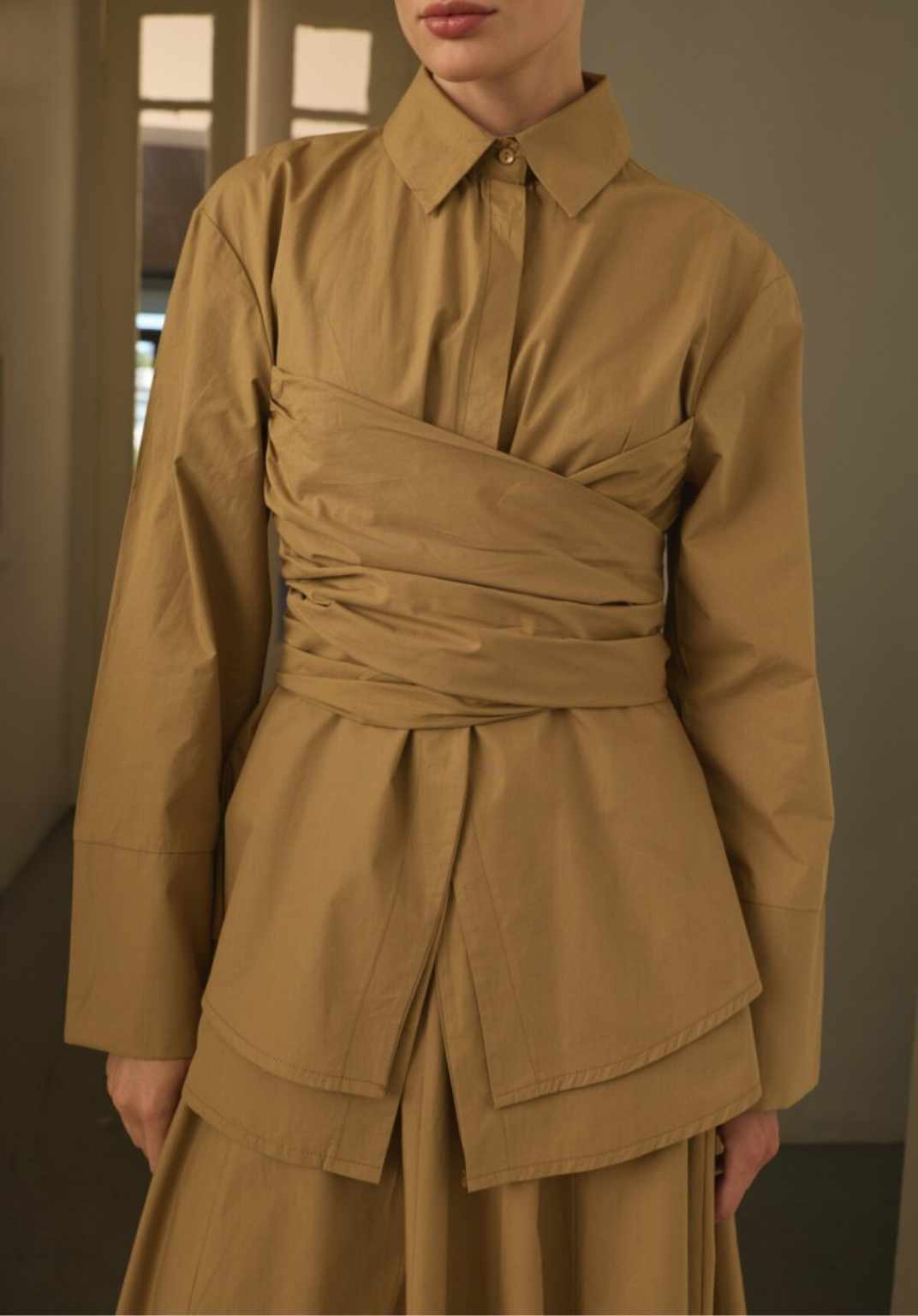 Camel Waist-Tie Poplin Shirt