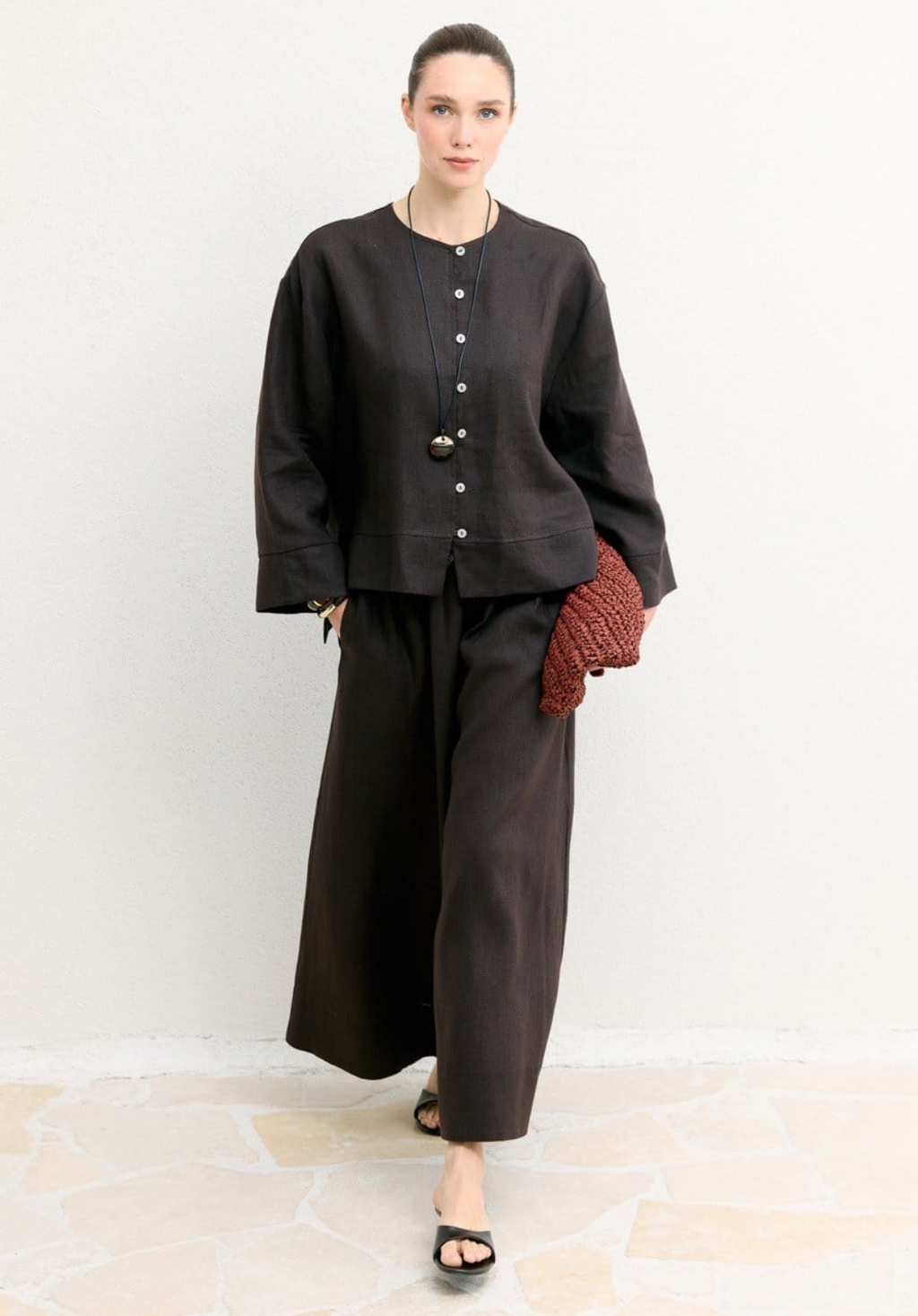 Hala Button Detail Organic Linen Shirt – Brown