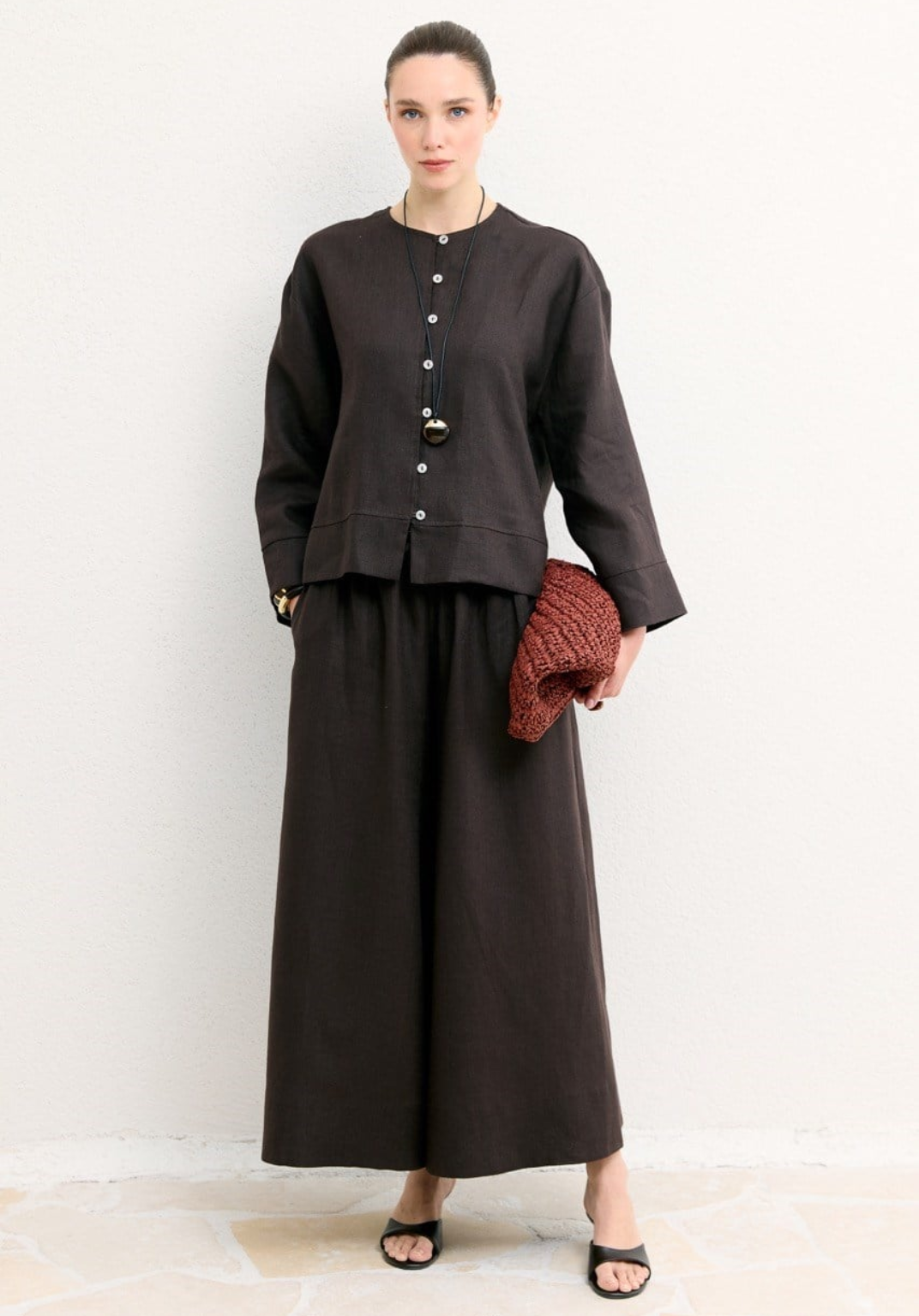 Hala Button Detail Organic Linen Shirt – Brown