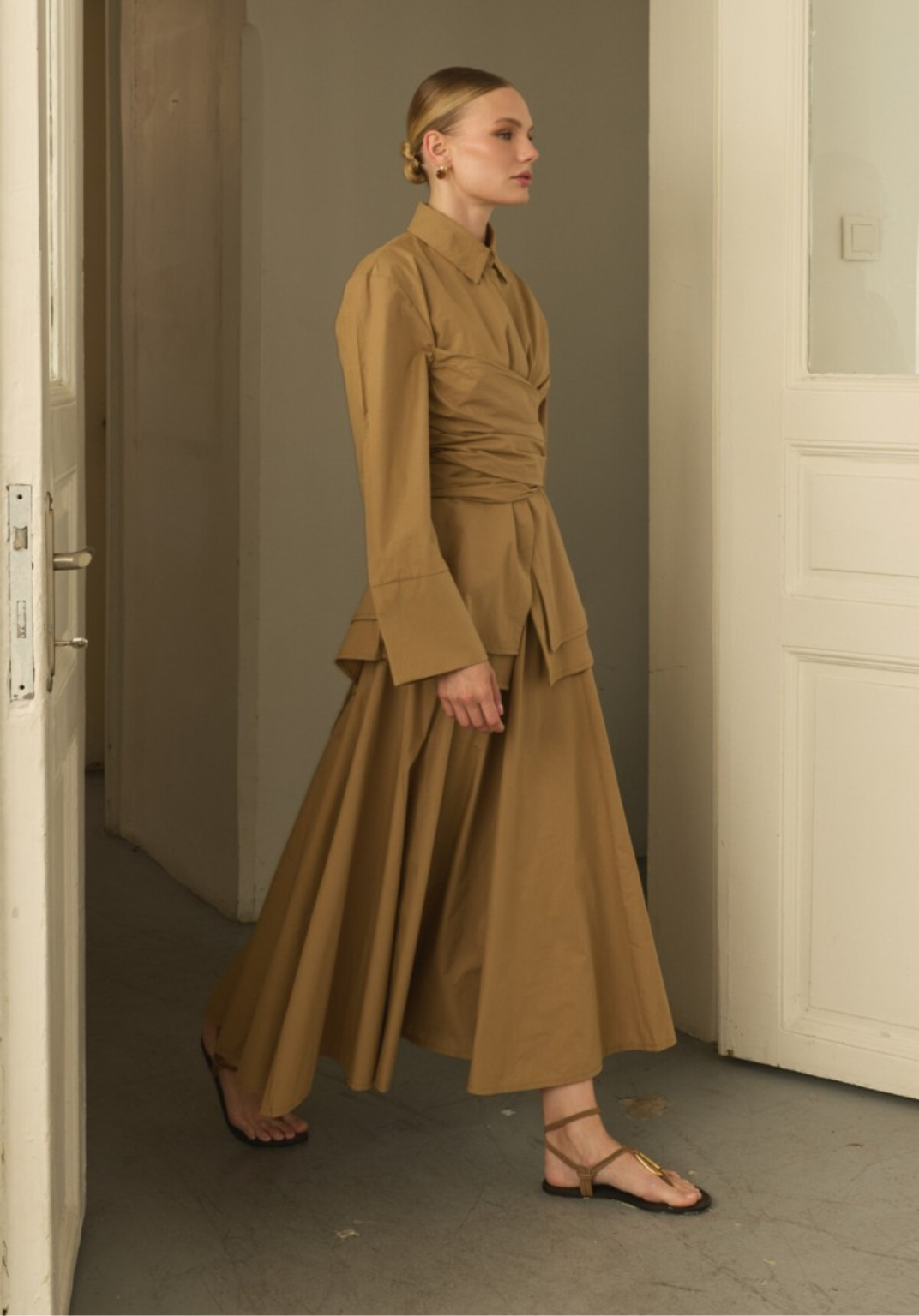 Camel Waist-Tie Poplin Shirt