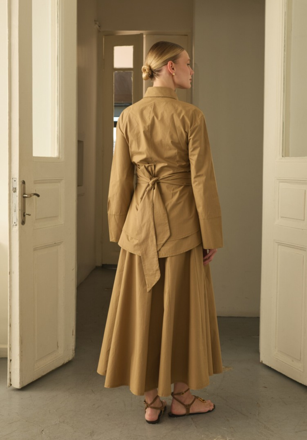 Camel Waist-Tie Poplin Shirt