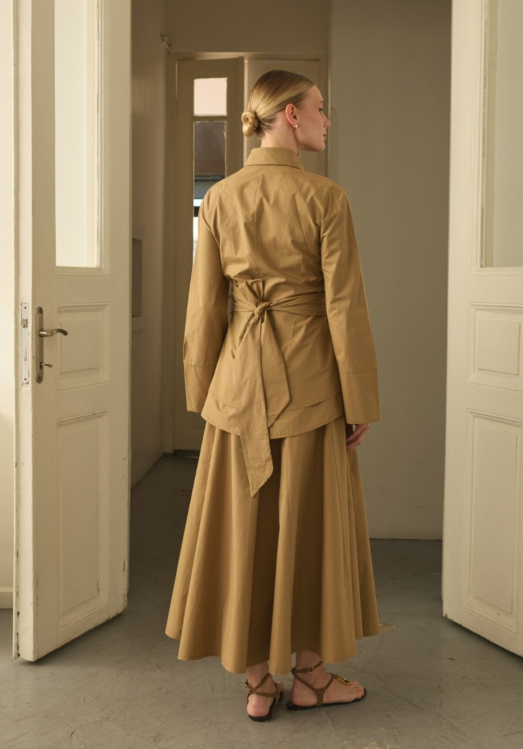 Camel Waist-Tie Poplin Shirt