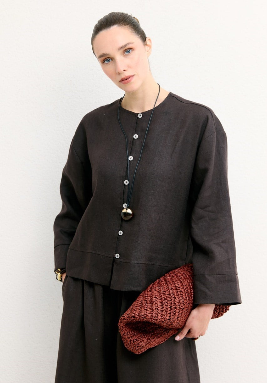 Hala Button Detail Organic Linen Shirt – Brown