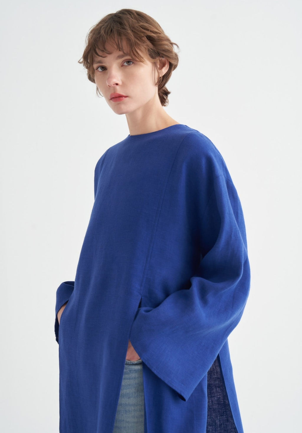 Sorayah Linen Blouse with Slit Detail - Colbalt Blue