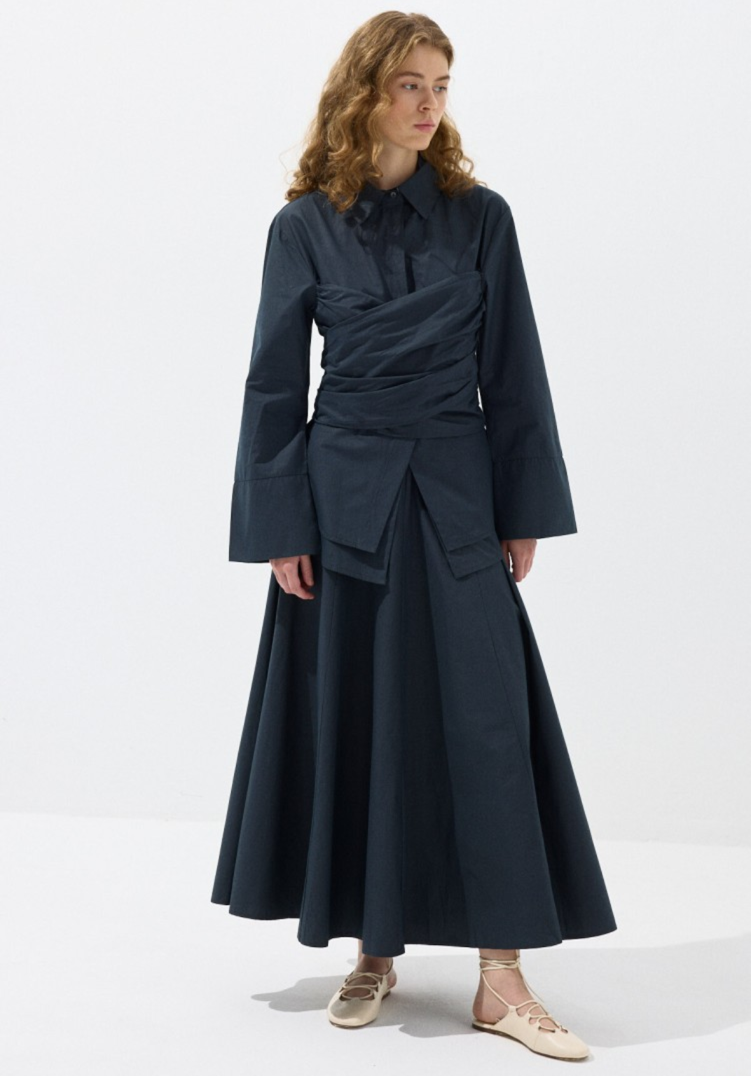 Navy Waist-Tie Poplin Shirt
