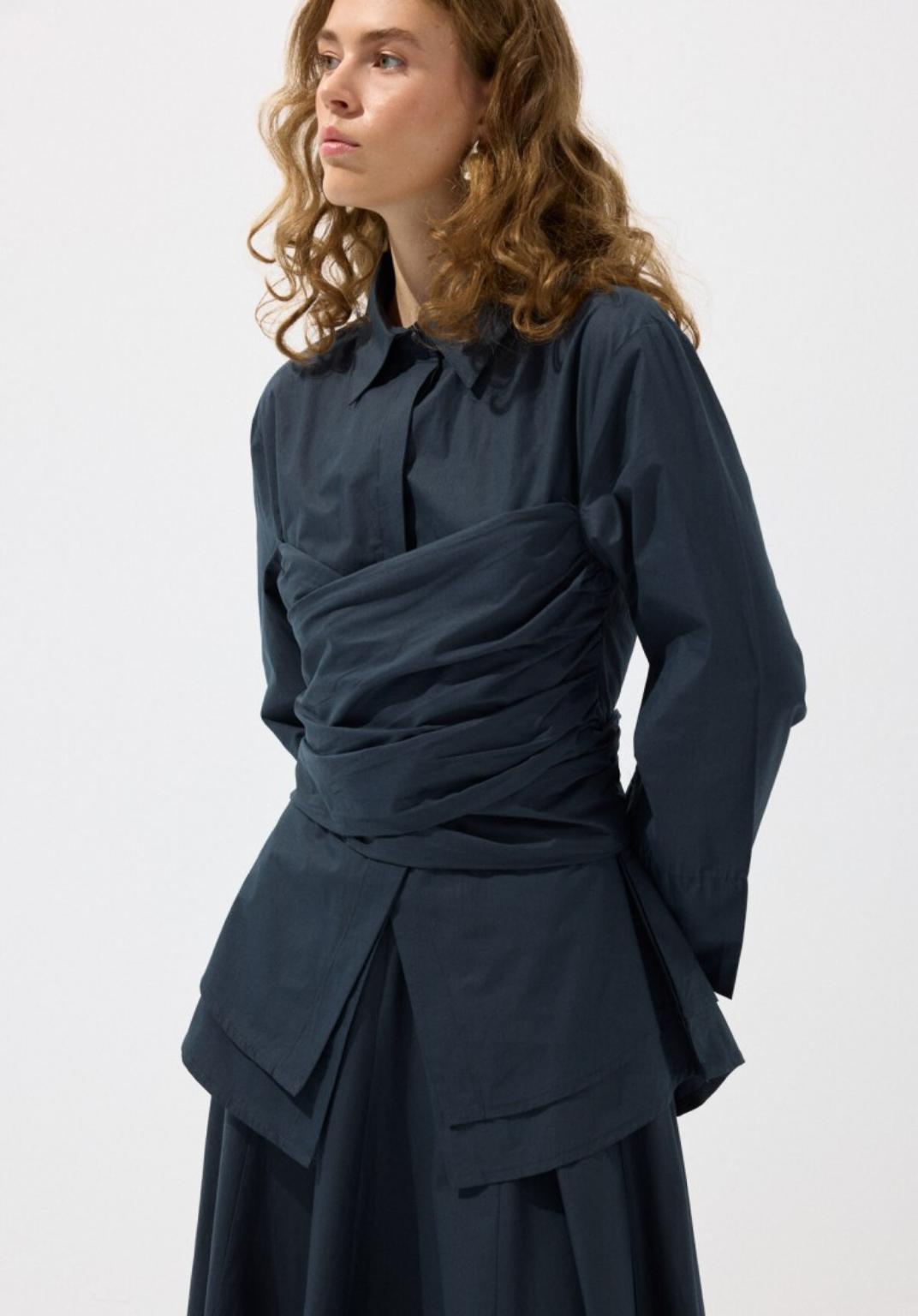 Navy Waist-Tie Poplin Shirt