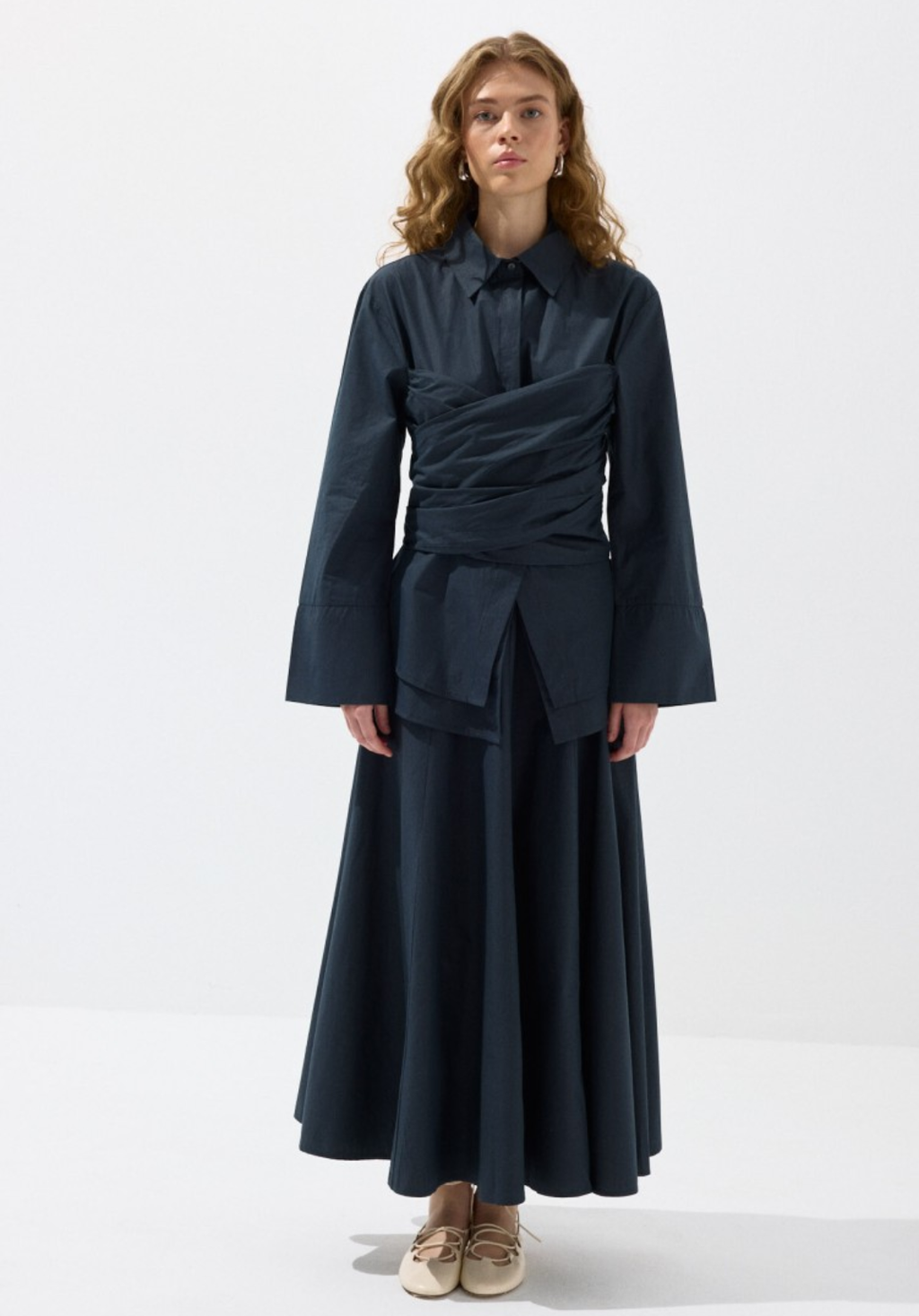 Navy Waist-Tie Poplin Shirt