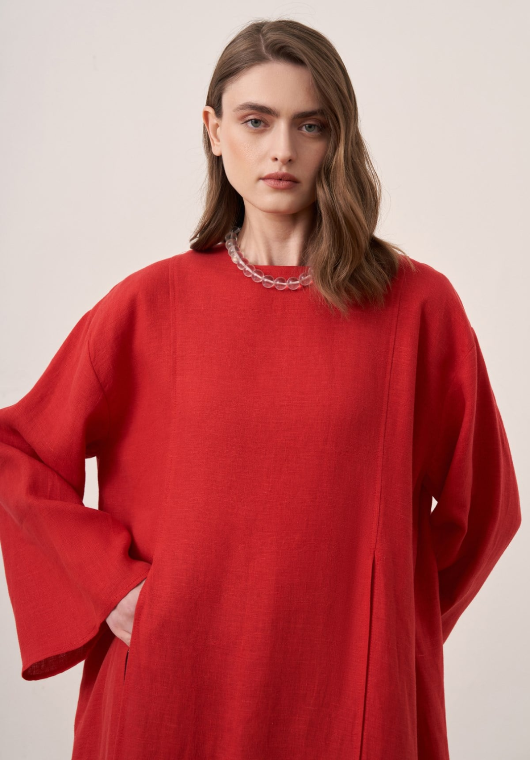 Sorayah Linen Blouse with Slit Detail - Red