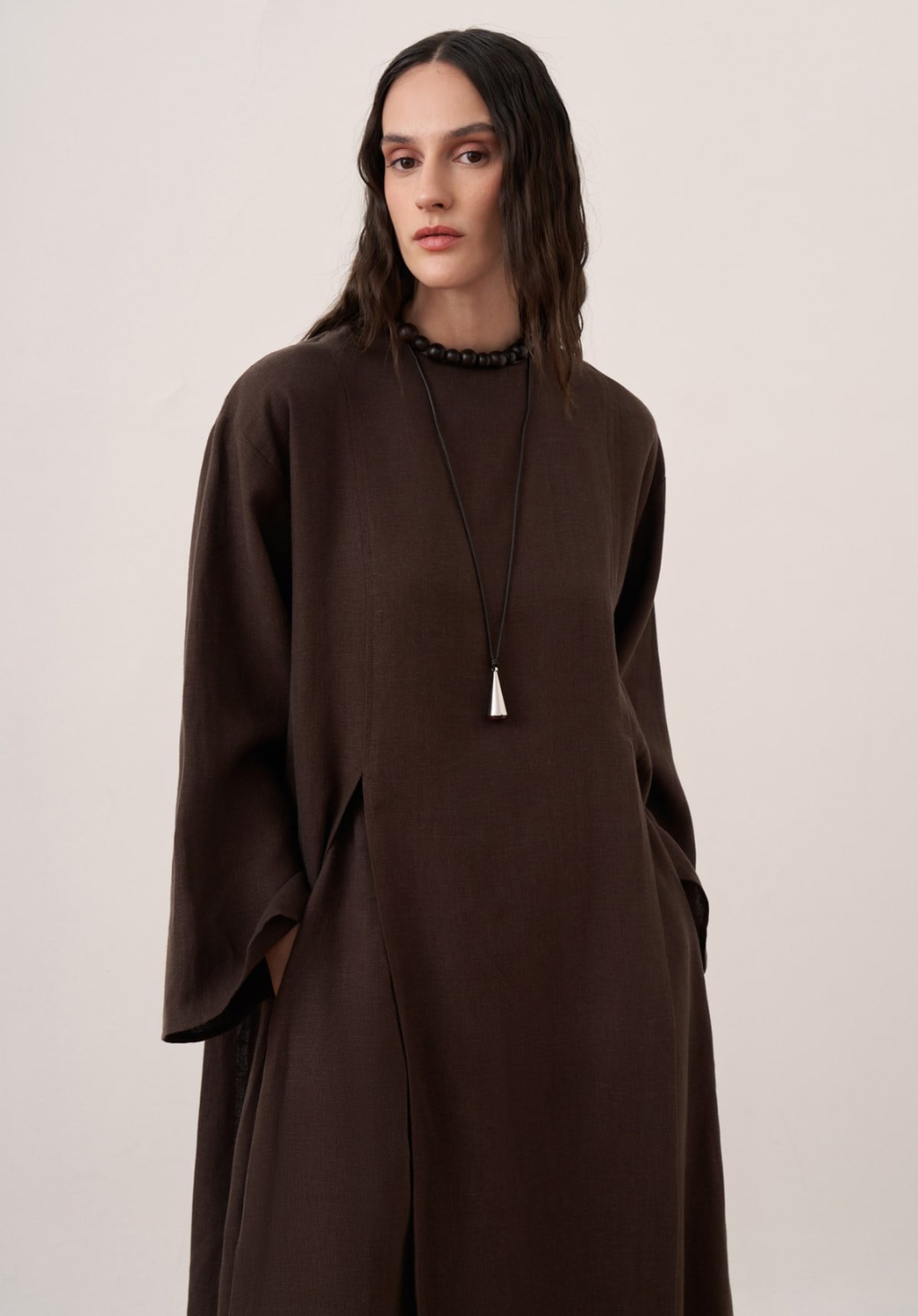Sorayah Linen Blouse with Slit Detail - Brown