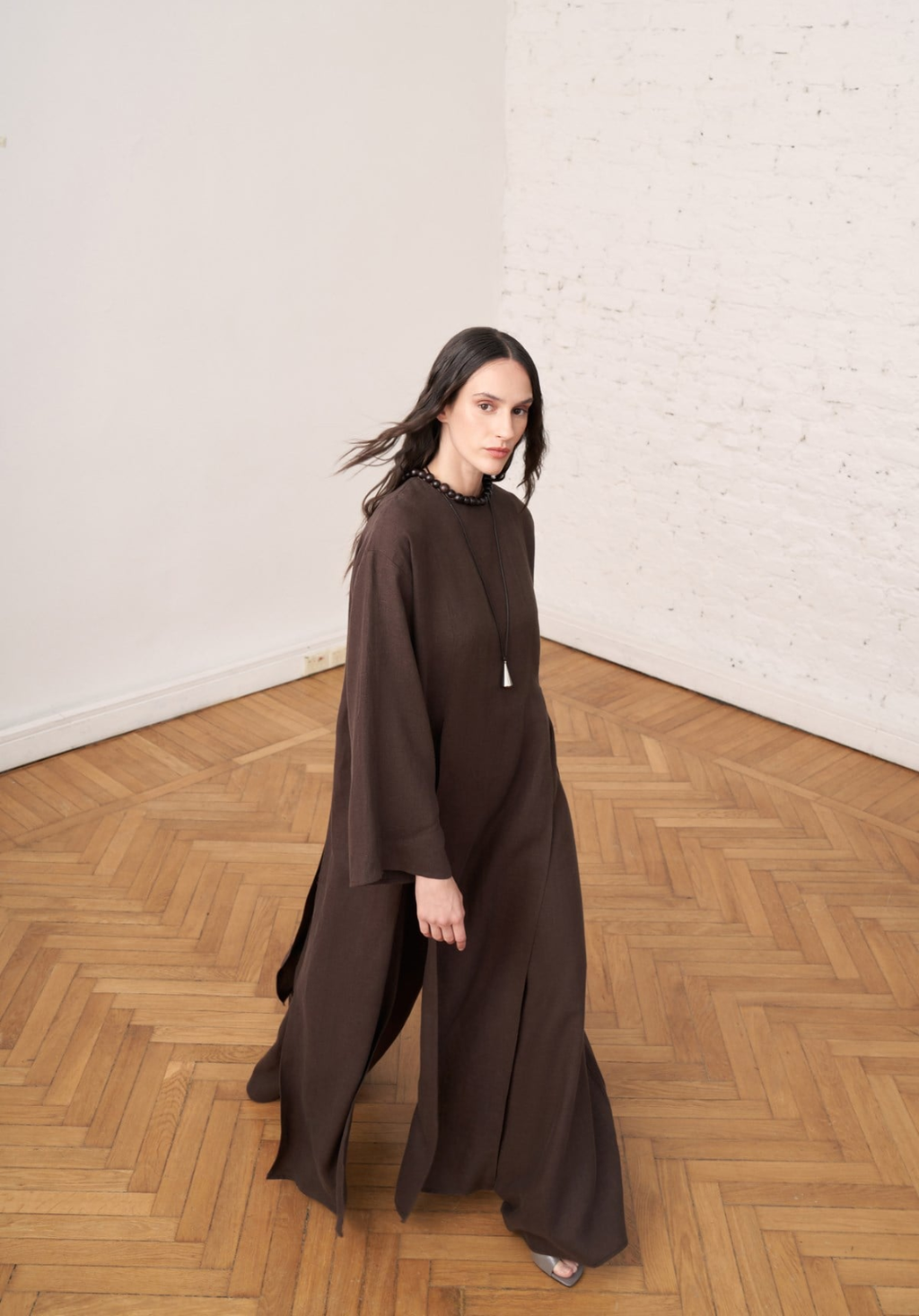 Sorayah Linen Blouse with Slit Detail - Brown