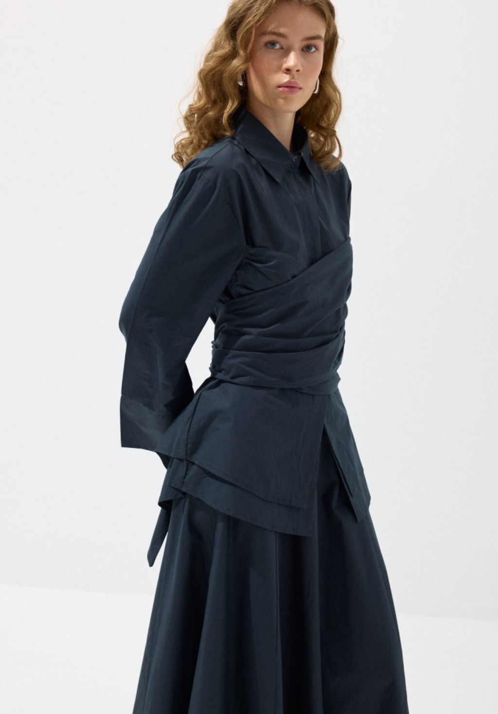 Navy Waist-Tie Poplin Shirt