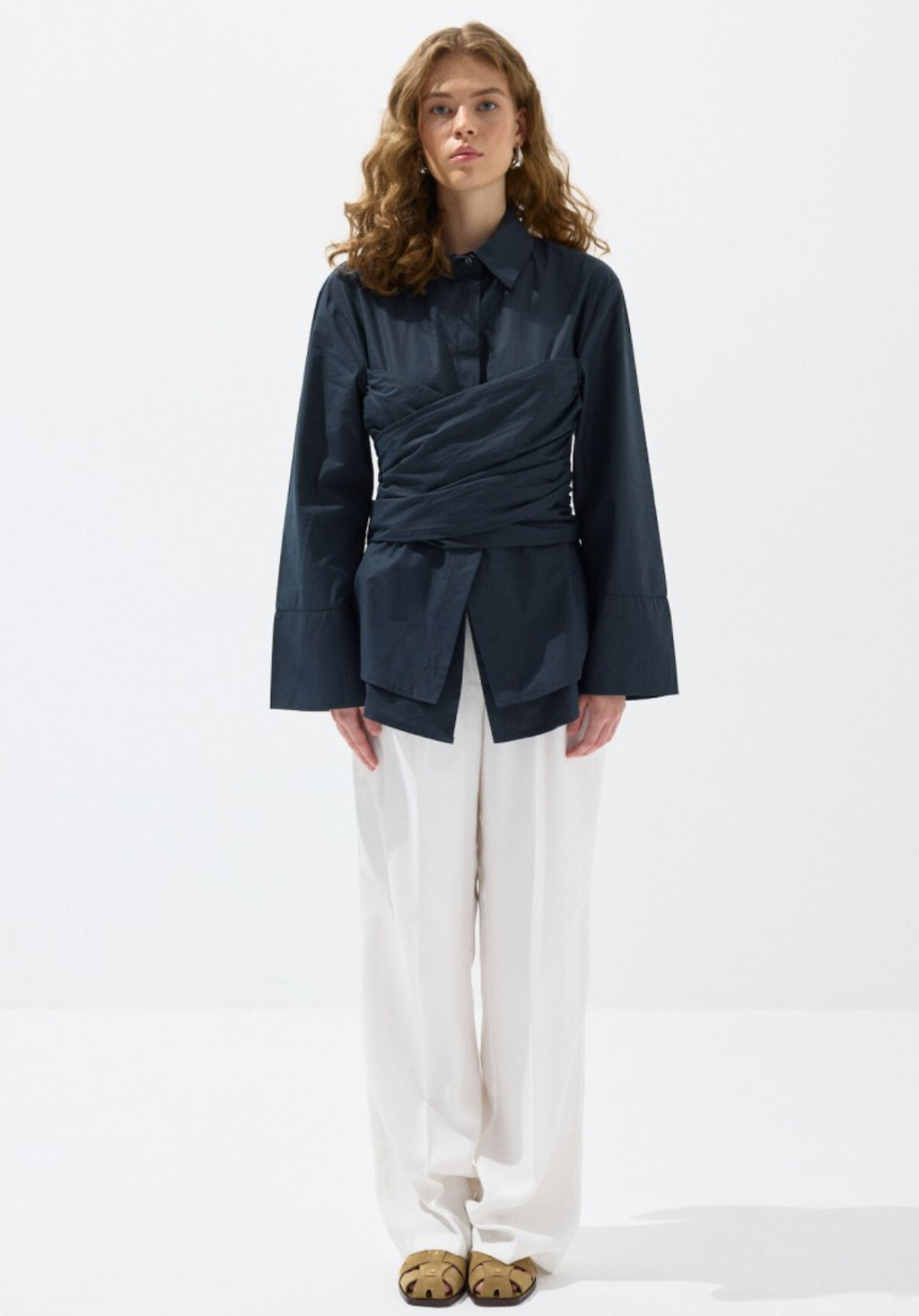 Navy Waist-Tie Poplin Shirt