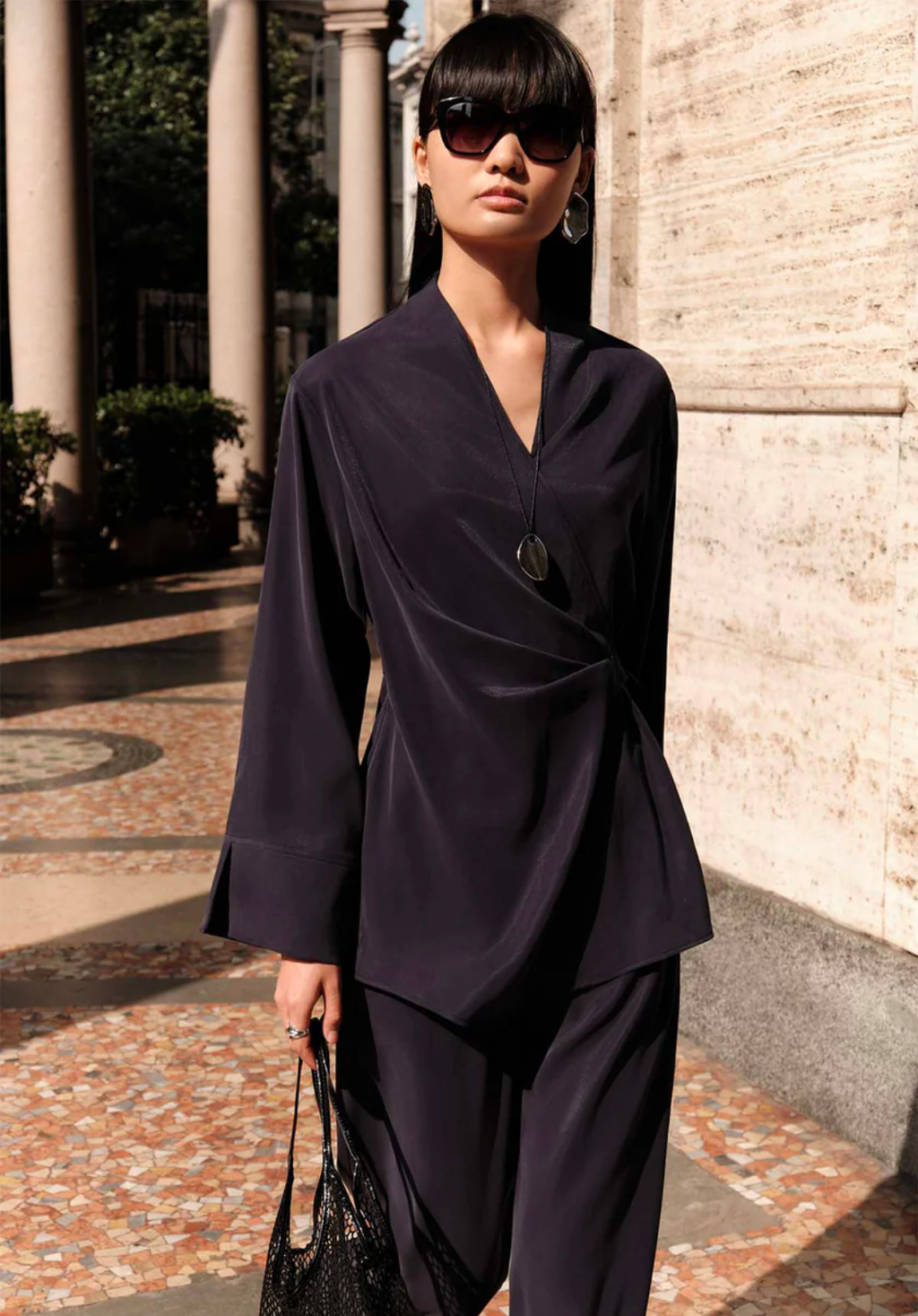 Tima Draped Wrap Blouse Navy Blue