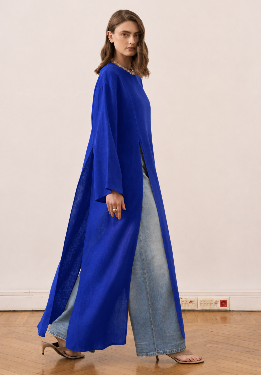 Sorayah Linen Blouse with Slit Detail - Sax Blue