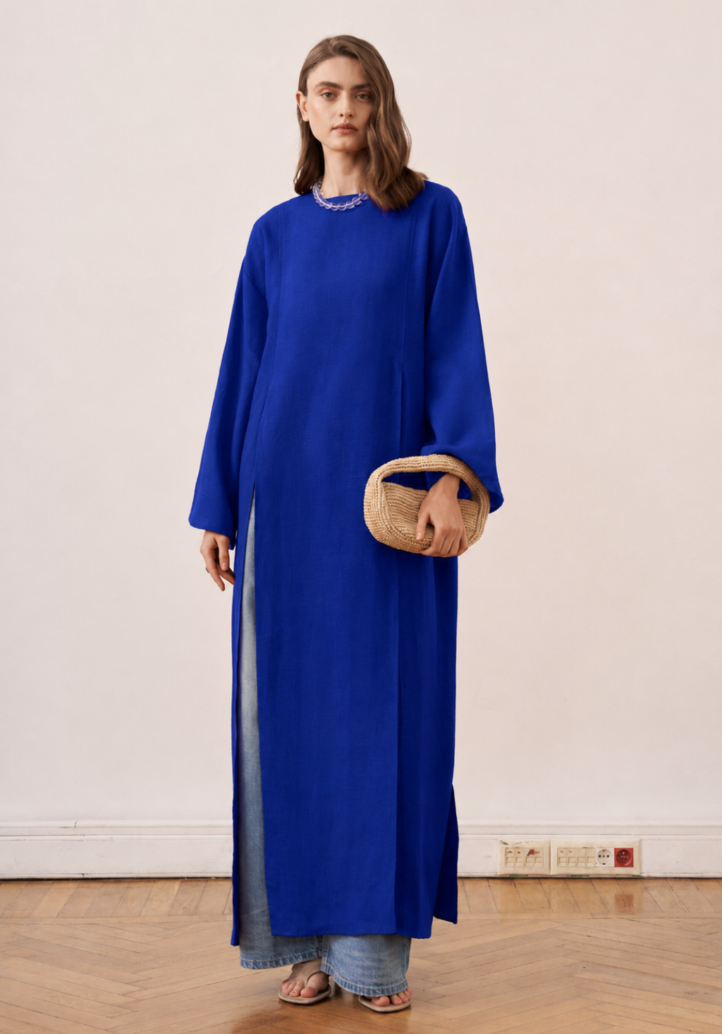 Sorayah Linen Blouse with Slit Detail - Sax Blue