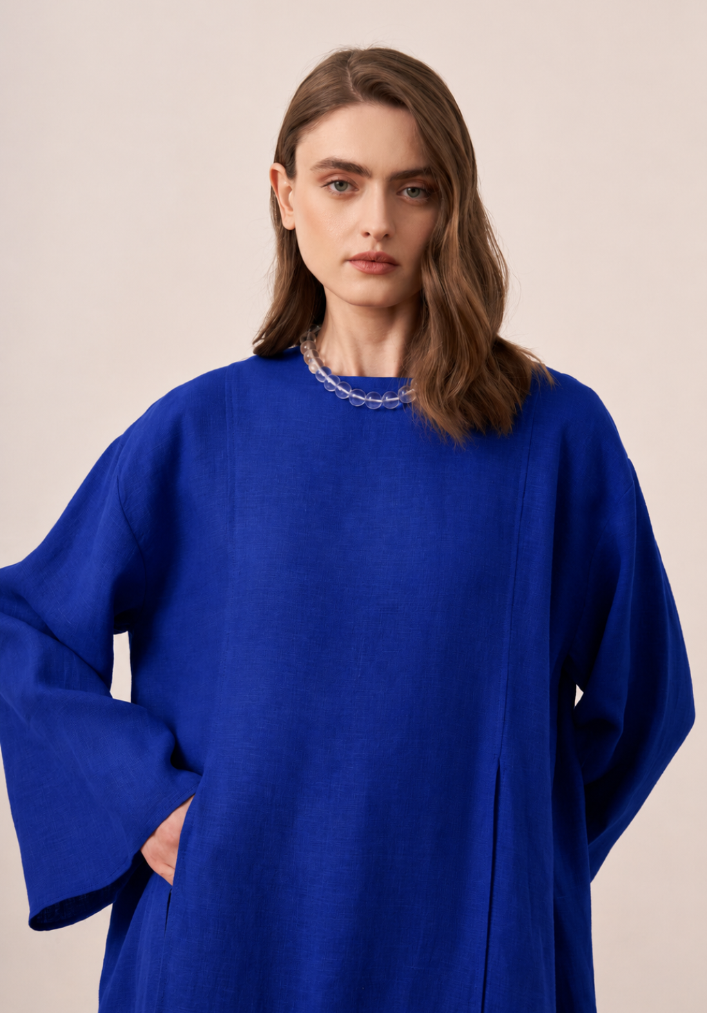 Sorayah Linen Blouse with Slit Detail - Sax Blue