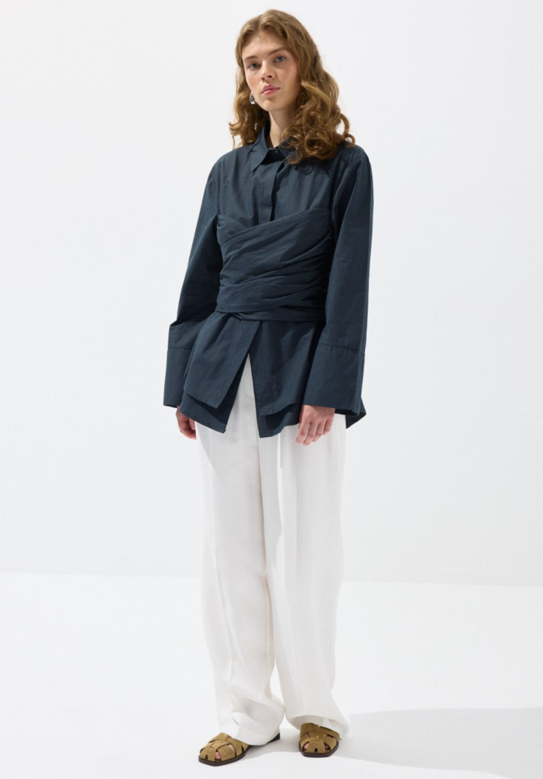 Navy Waist-Tie Poplin Shirt