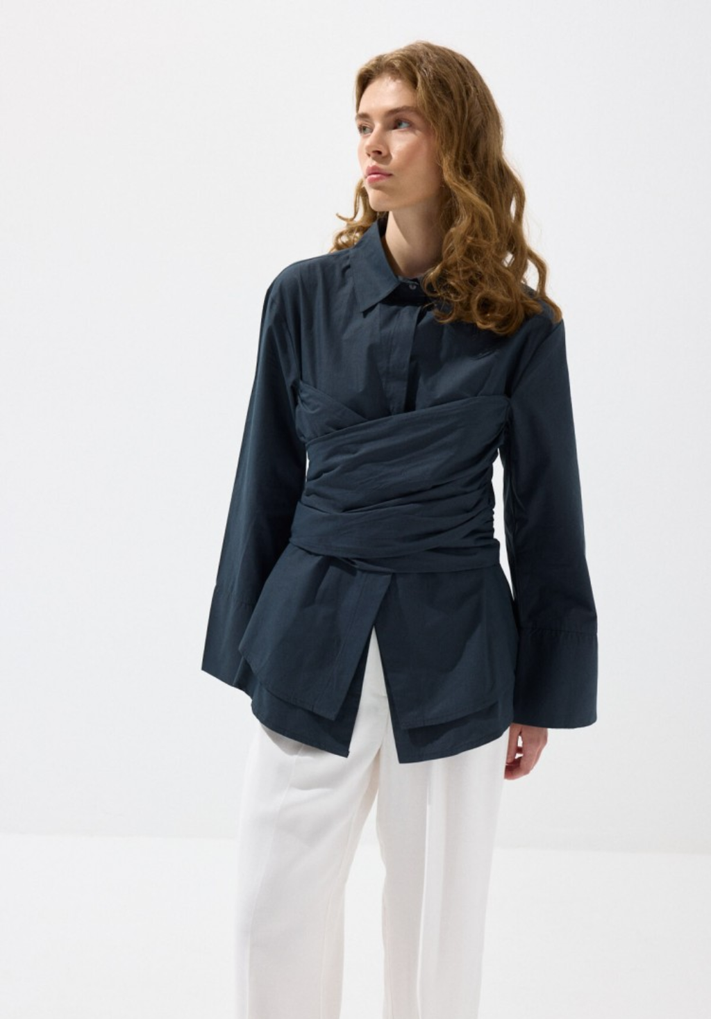 Navy Waist-Tie Poplin Shirt