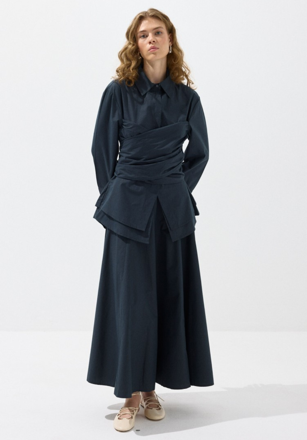 Navy Panelled Poplin Skirt