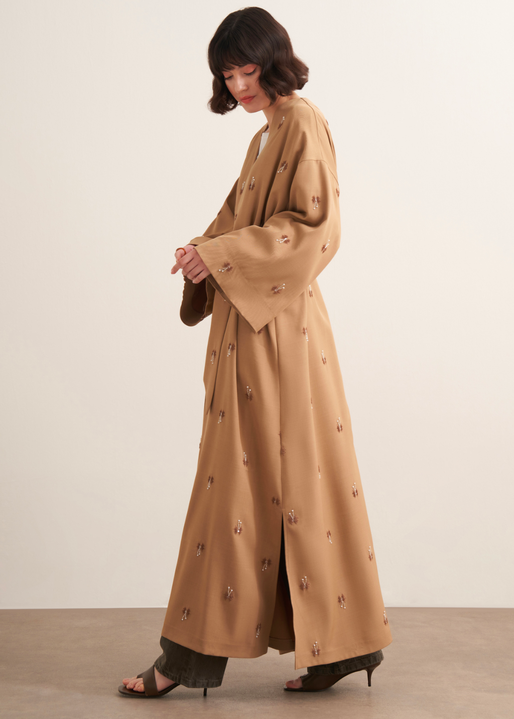 Beaded Maxi Kimono Abaya Beige