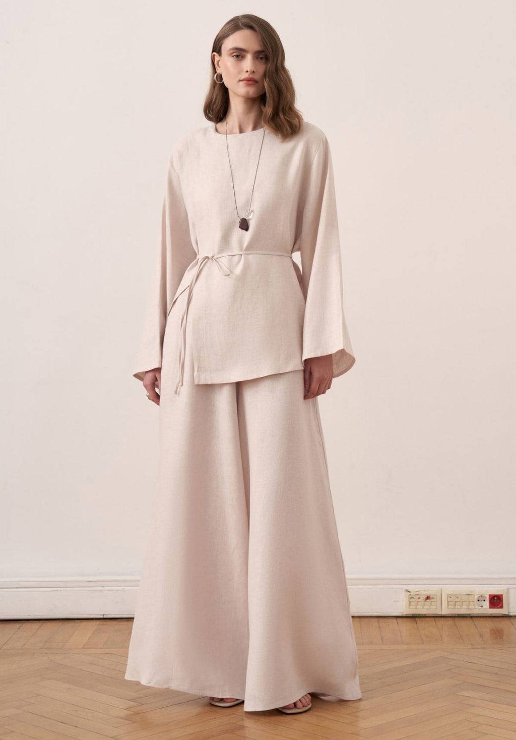 Aliza Belted Linen Blouse - Stone