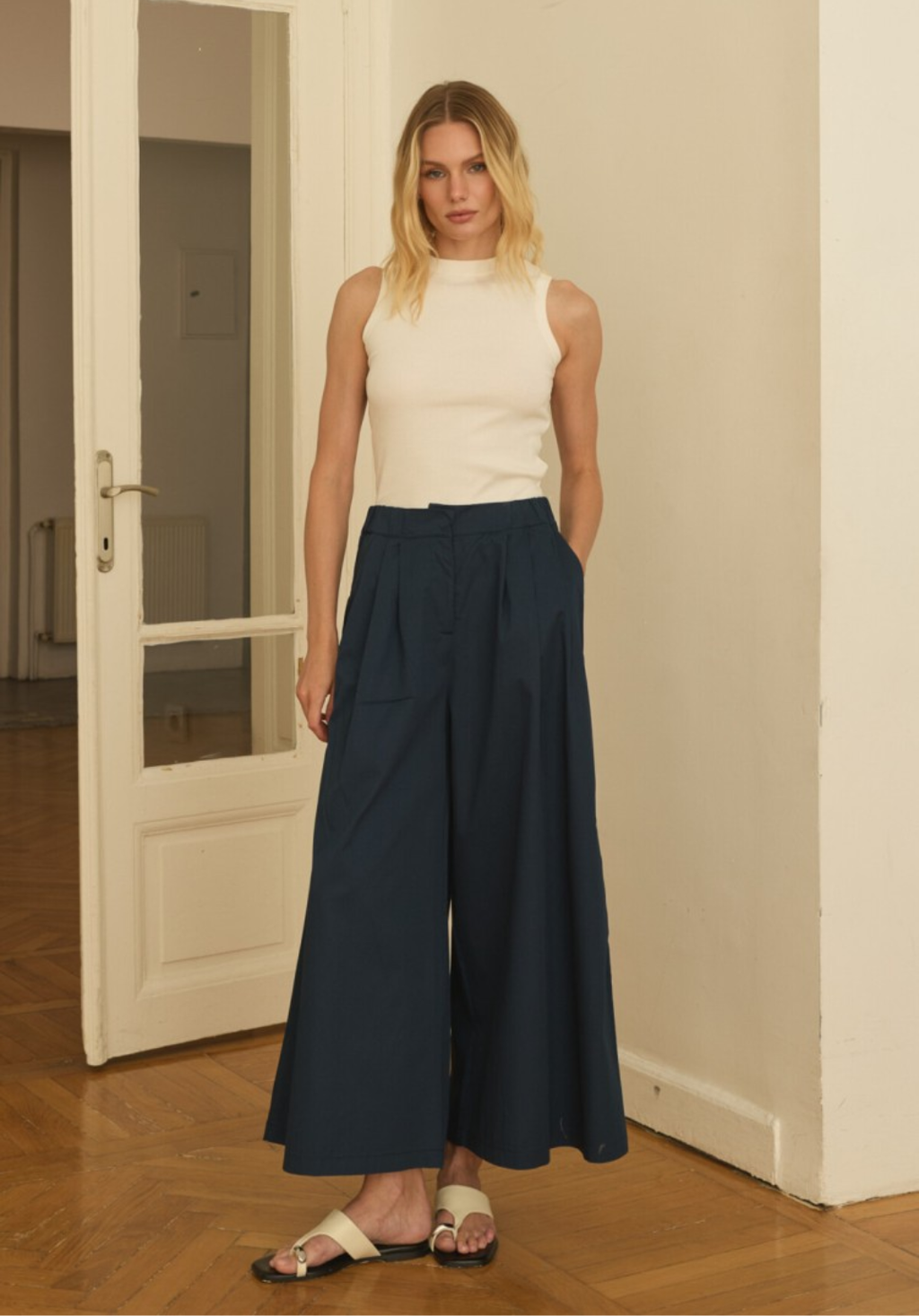 Navy Front-Pleated Culotte Trousers