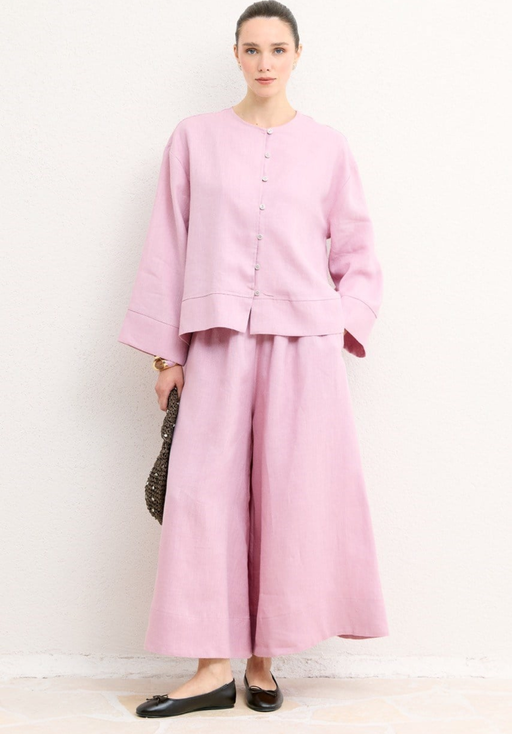 Hala Button Detail Organic Linen Shirt – Pink