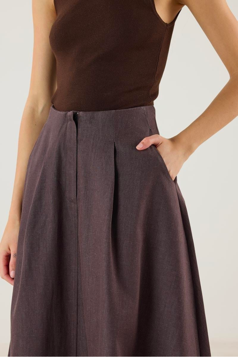 Denim Skirt with Flared Hem and Panel Detailing - Brown