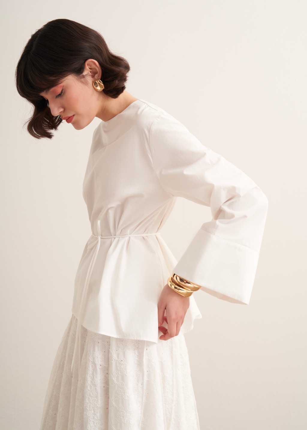 Anna Asymmetric Tie-Waist Poplin Blouse – White