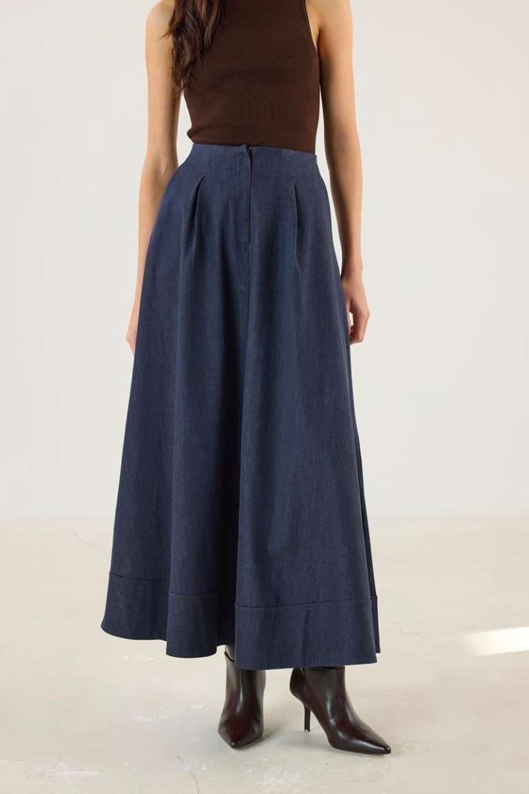 Denim Skirt with Flared Hem and Panel Detailing - Navy