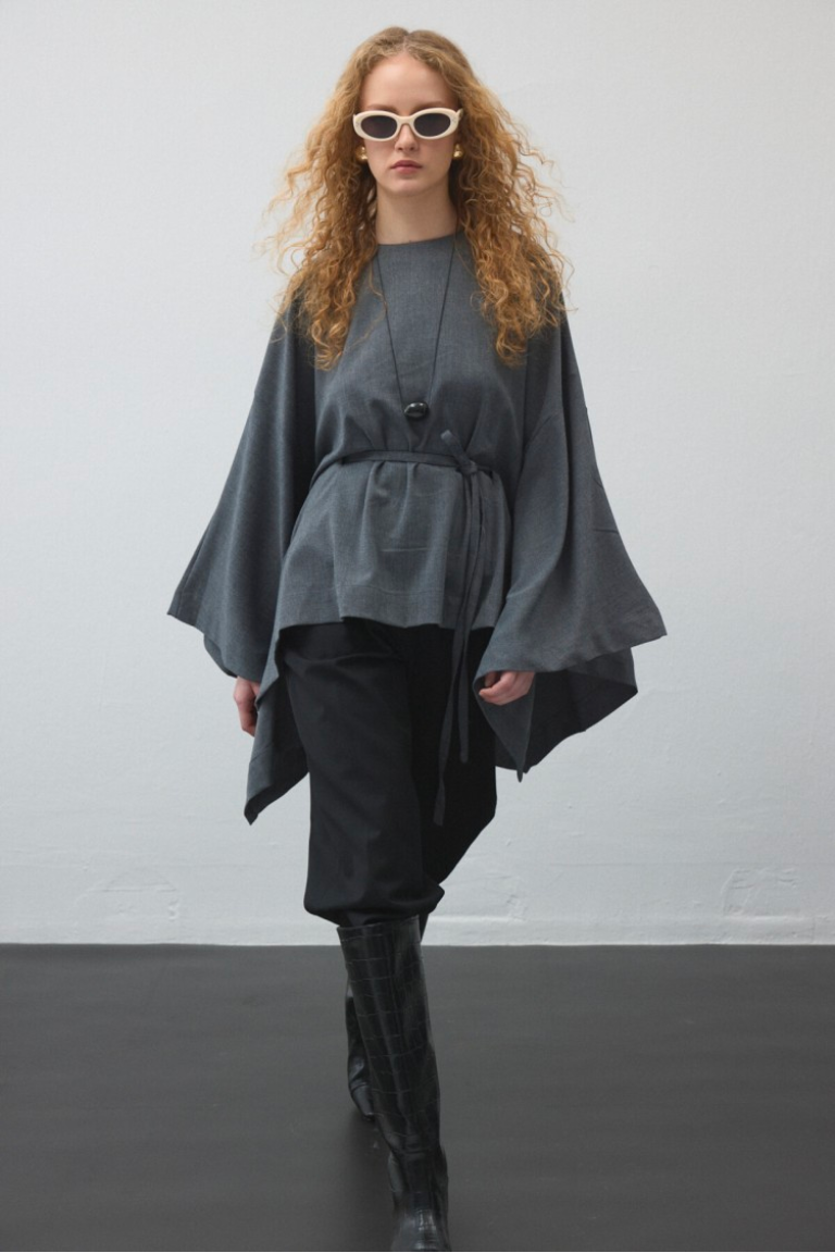 Grey Belted Cape Blouse