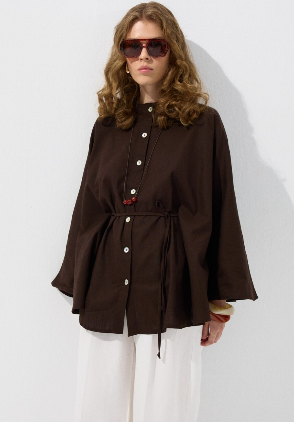 Brown Draped Cape-Style Oversized Shirt